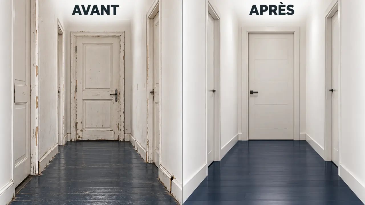 Avant-après d’une porte d’intérieur pour rénovation dans un couloir