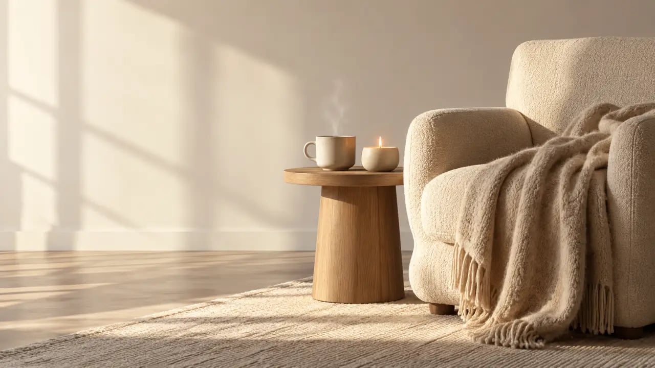 Du zen dans la maison avec un coin détente, une infusion et une lumière chaleureuse