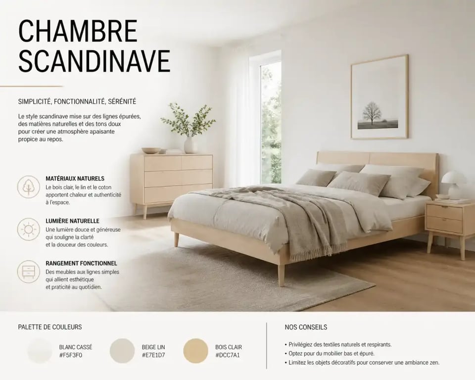 Chambre au meuble chambre design scandinave avec lit bois clair et commode assortie