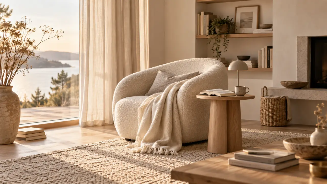 Coin lecture cocooning près d'une fenêtre, avec fauteuil confortable, plaid et lumière douce