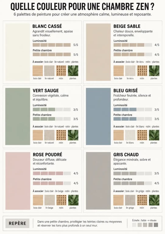 Couleur pour une chambre zen : infographie des teintes apaisantes et de leurs associations décoratives
