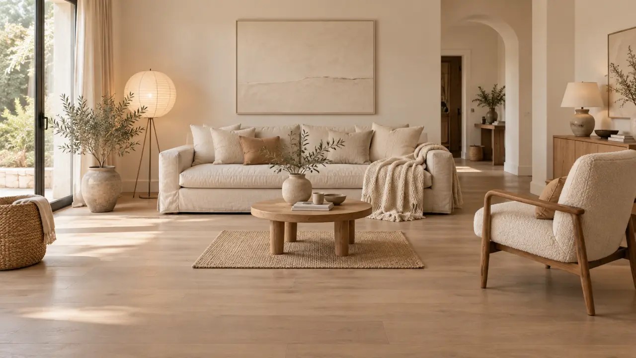 Salon chaleureux avec canapé beige, tapis naturel et plaids en maille
