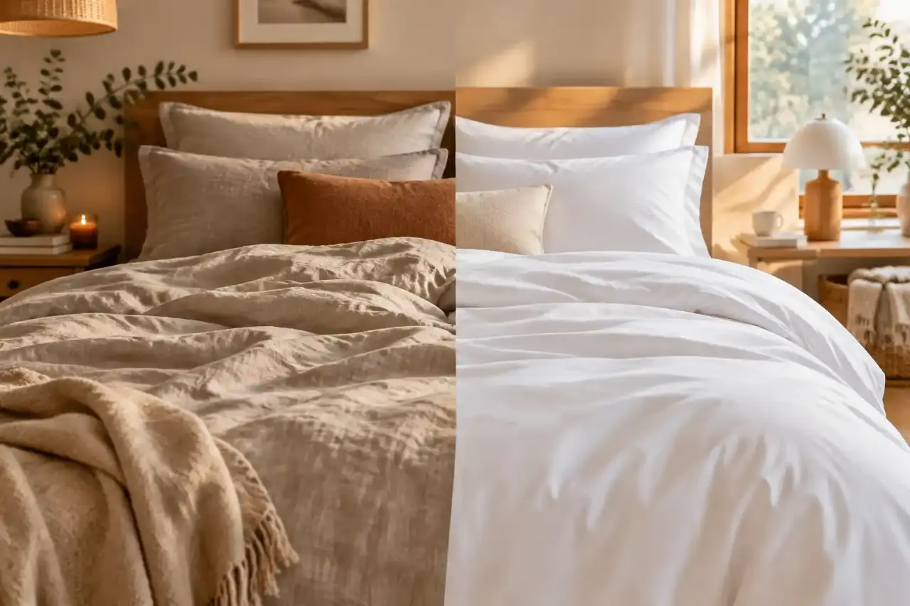 Lit chaleureux habillé de linge en lin lavé et percale dans une chambre lumineuse