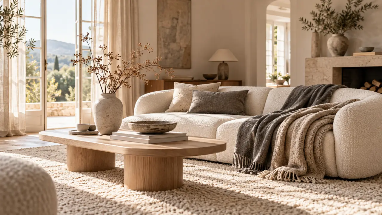 Salon chaleureux avec des plaids en cachemire et en laine mérinos sur un canapé beige