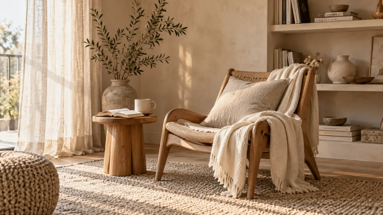 Coin lecture cocooning avec fauteuil confortable, plaid en laine et lumière douce