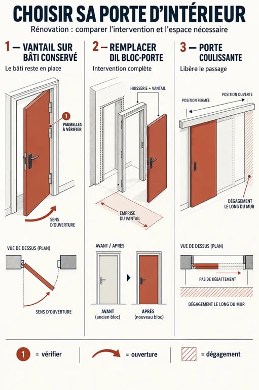 Infographie sur le choix d’une porte d’intérieur pour rénovation selon le bâti et le système de pose