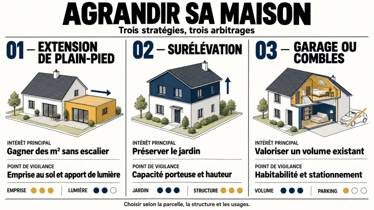 Infographie comparative sur l’agrandissement maison 85 : extension de plain-pied, surélévation et aménagement d’un garage ou de combles
