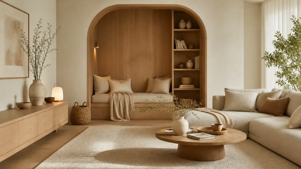 Salon baigné de lumière naturelle avec alcôve en bois blond, plaids doux et coussins en lin