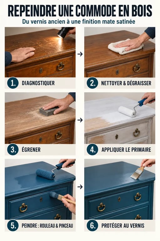 Étapes pour réaliser un meuble en bois repeint, du ponçage à la finition