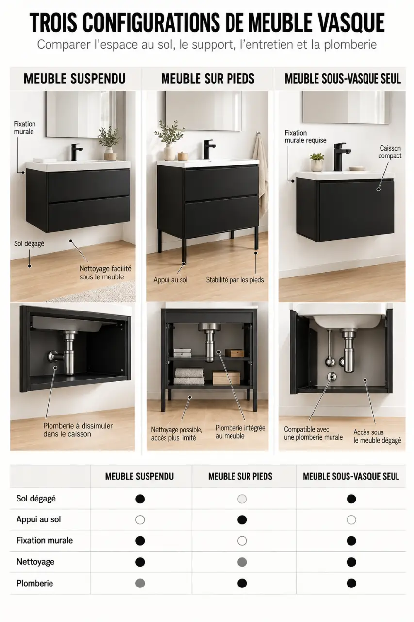Infographie comparative des configurations de meuble salle de bain noir suspendu, sur pieds et sous-vasque