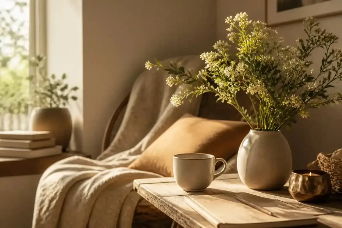 Palette de couleurs chaudes et matières naturelles pour une ambiance hygge apaisante
