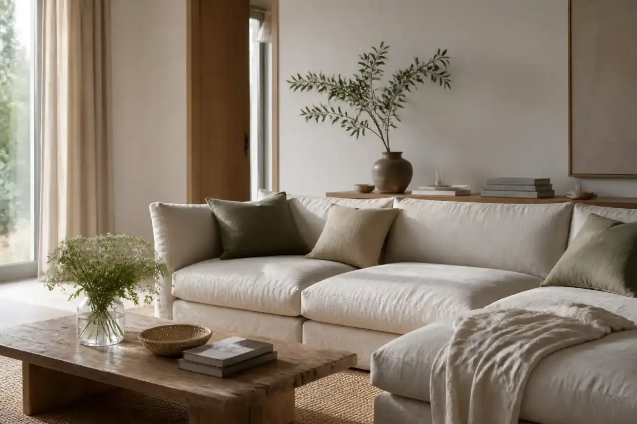 Salon lumineux et chaleureux avec canapé beige, coussins en lin lavé et plaids douillets