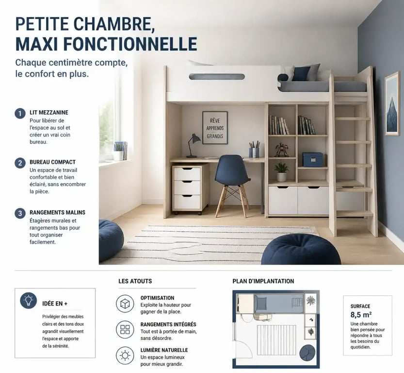chambre enfant garcon petite surface avec lit mezzanine et rangements muraux
