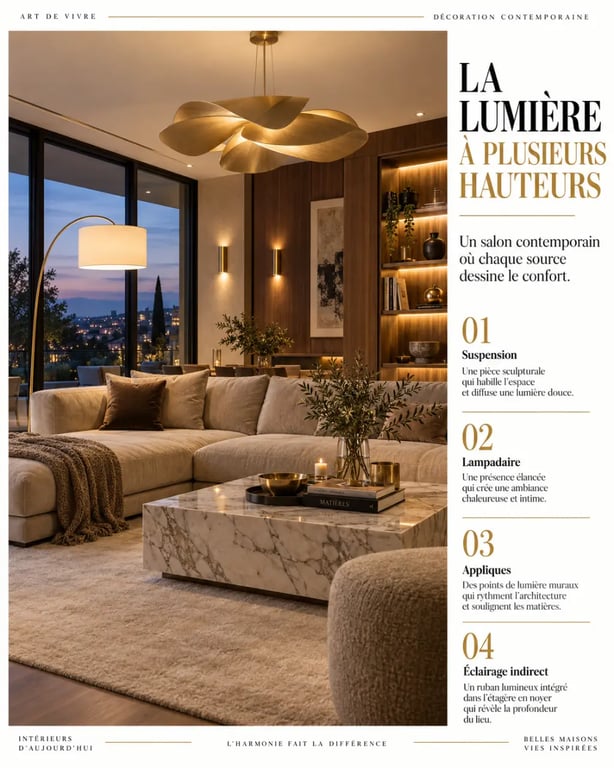 Salon luxe éclairé par plusieurs sources avec marbre, noyer et velours
