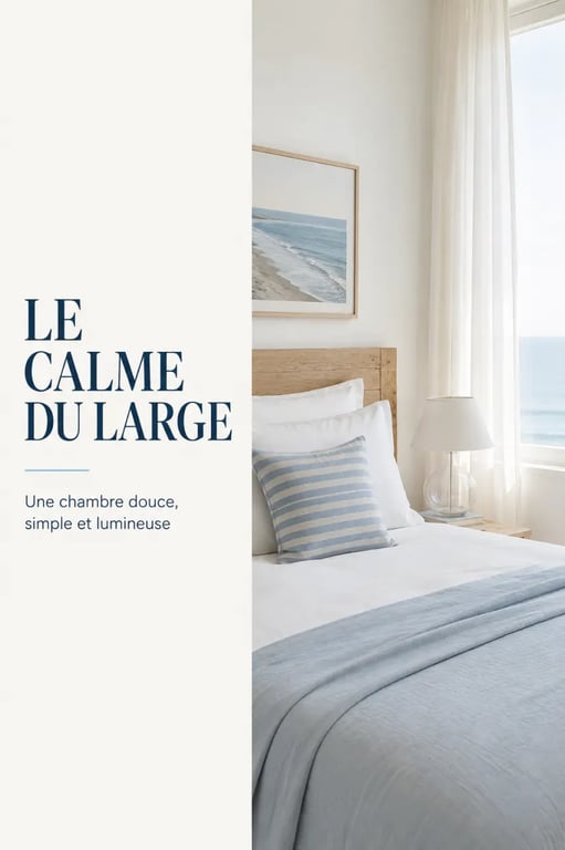 Chambre avec décoration maison bord de mer en lin, bois patiné et couleurs bleu pâle