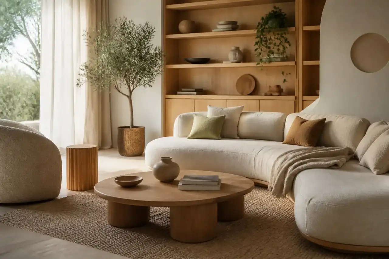 Salon cocooning lumineux avec lin lavé, bois clair et lignes arrondies