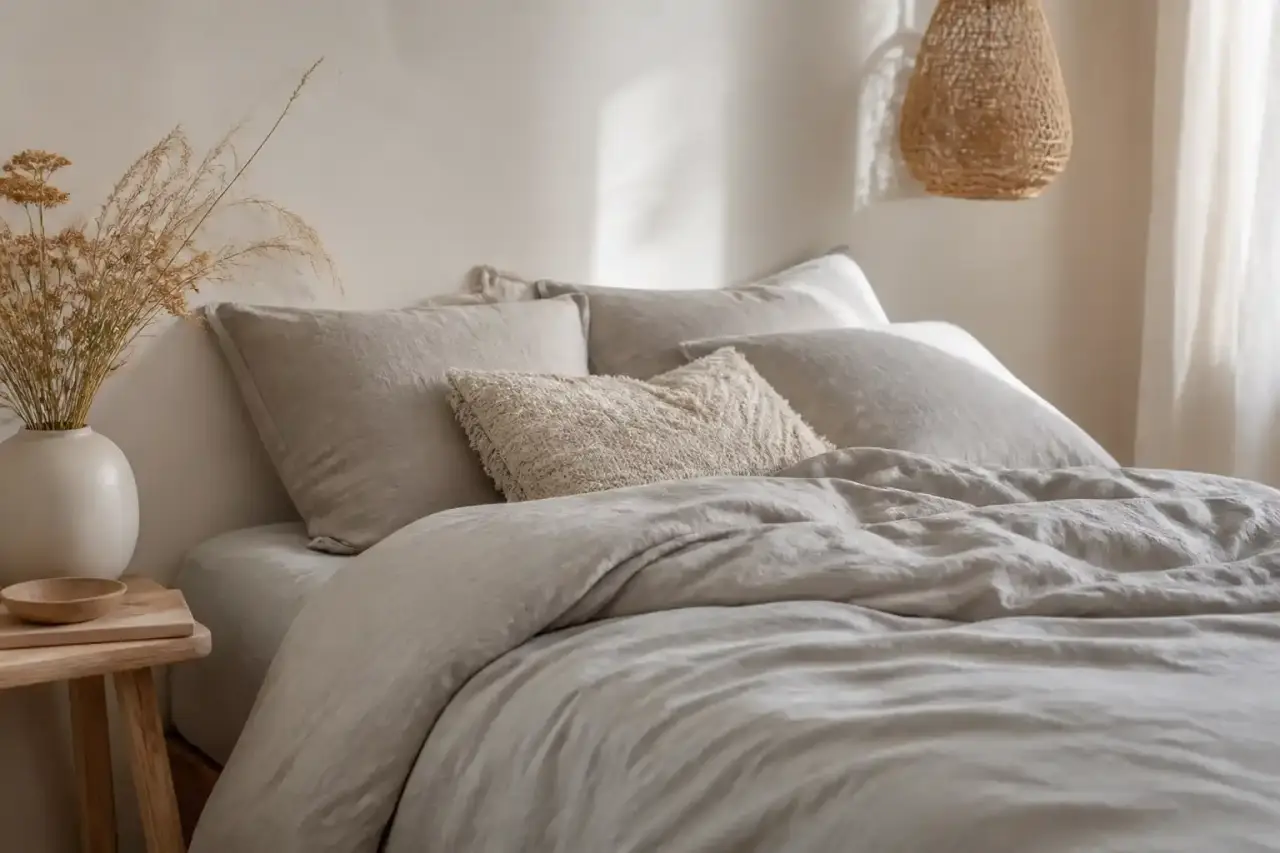 Chambre douce avec linge de lit en lin lavé, lumière naturelle et ambiance cocooning