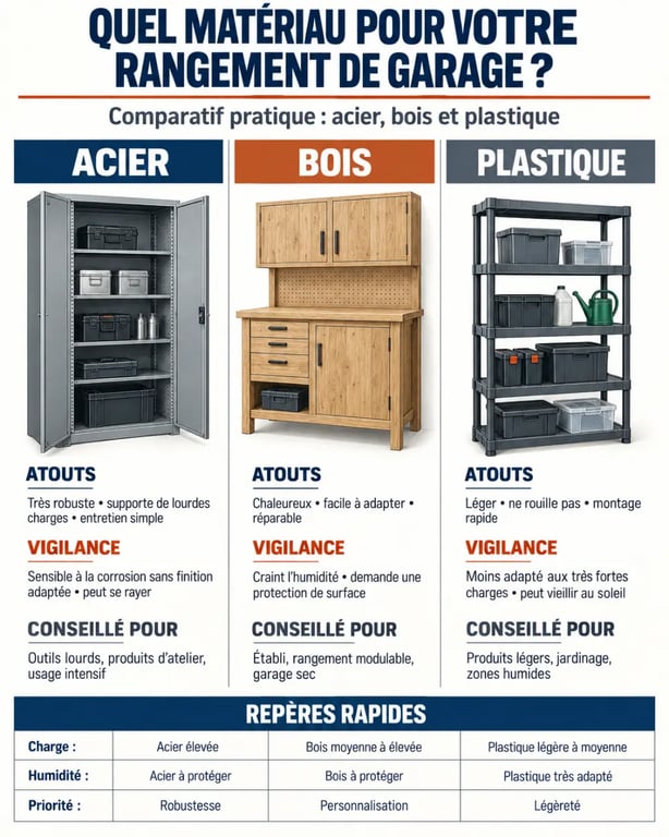 Infographie comparative des matériaux pour un meuble de garage rangement : acier, bois et plastique