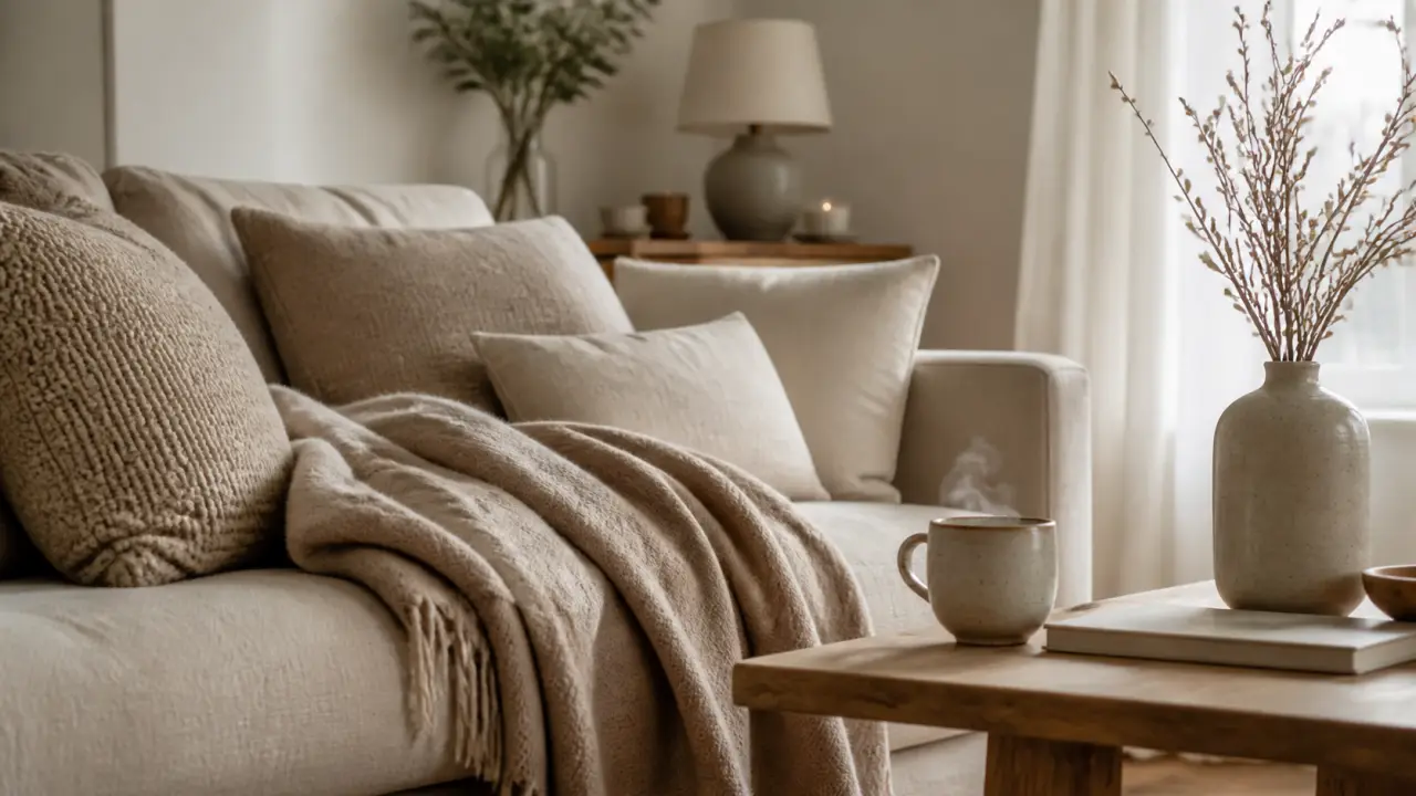 Un salon baigné de lumière dorée avec des plaids en grosse maille, des coussins en lin sur un canapé beige et une tasse de thé sur une table en bois brut.