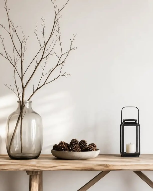 Décoration hiver maison avec branches, pommes de pin et style scandinave