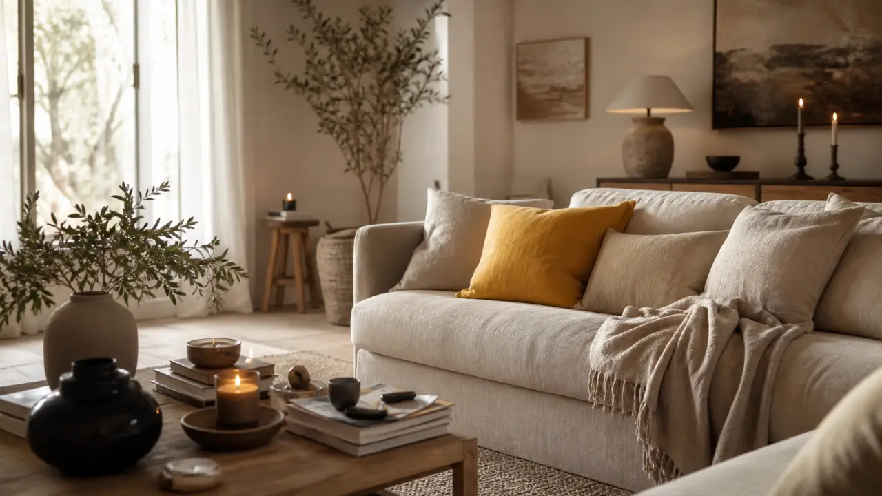 Salon cocooning lumineux dans l’esprit nordique, avec canapé beige, plaids en grosse maille et lumière naturelle douce