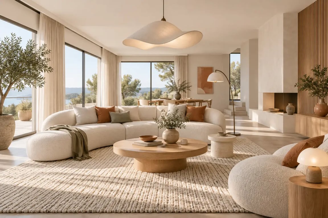 Salon moderne 2025 chaleureux avec canapé arrondi, bois clair, tapis et éclairage superposé
