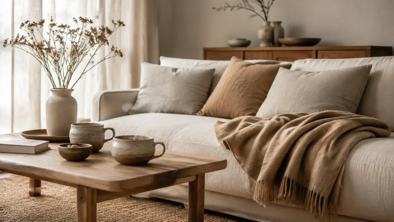 Salon chaleureux avec plaid en cachemire, lin lavé et objets en céramique