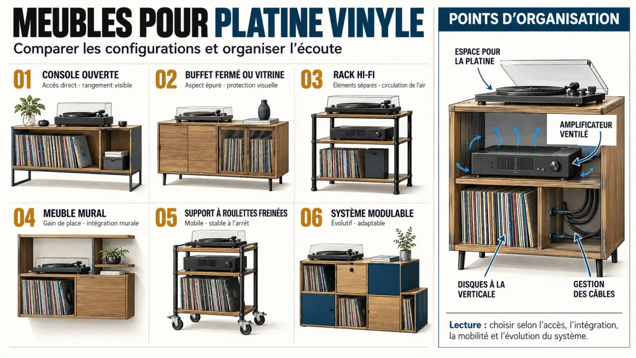 Infographie comparative des meubles platine vinyle et de leurs configurations