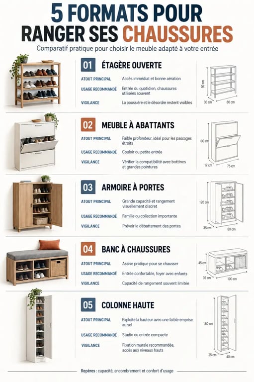 Infographie comparative des formats de rangement chaussures meuble pour petite entrée, dressing et famille