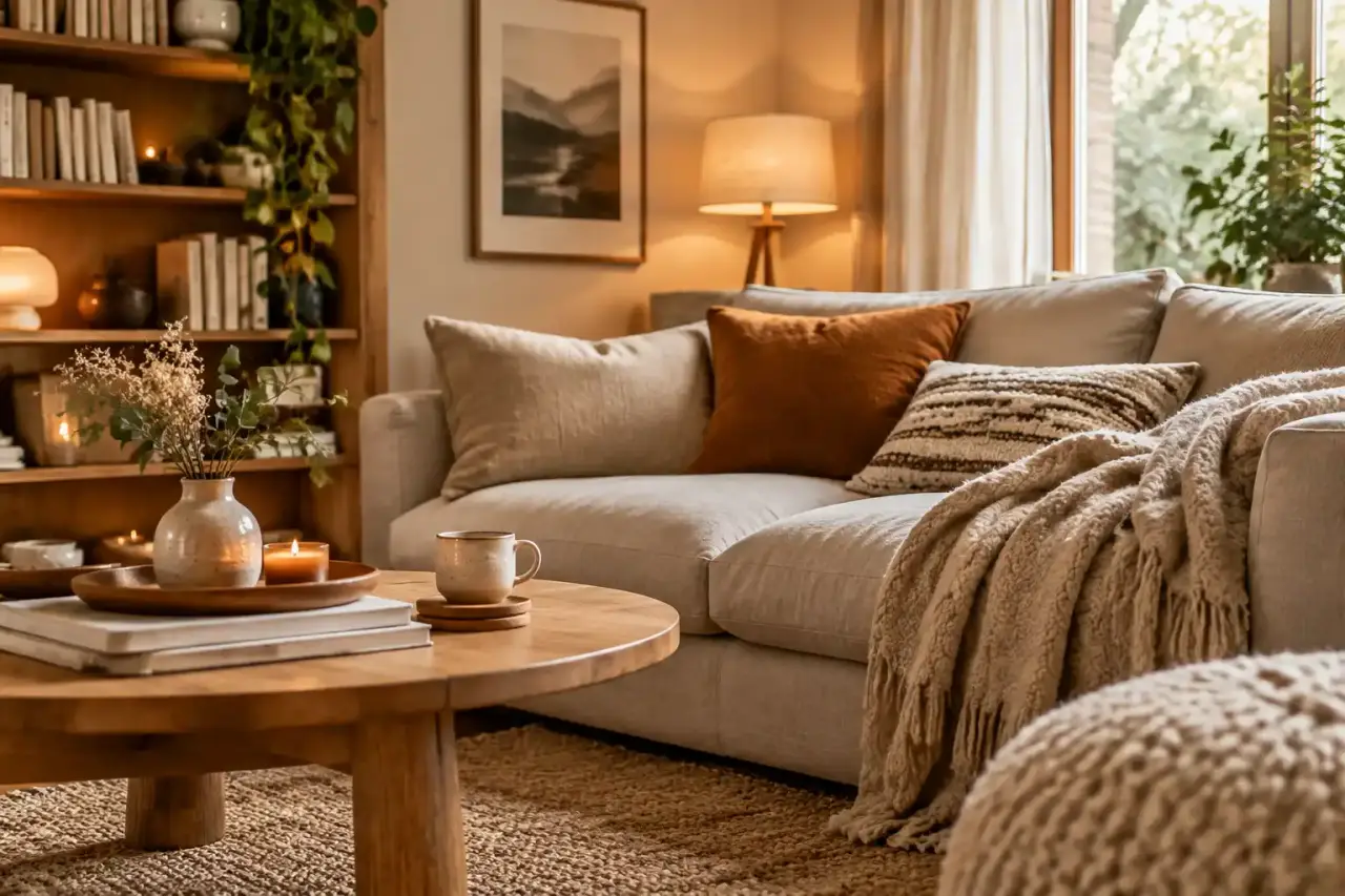 Salon cocooning lumineux avec canapé beige, plaids en maille et coussins en lin