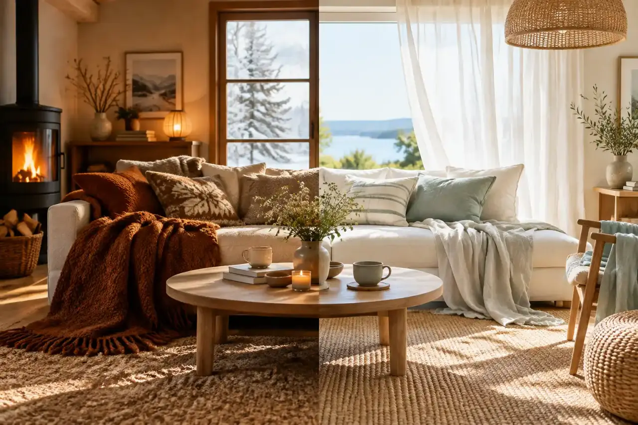 Salon chaleureux avec canapé beige, plaids en maille, coussins en lin et lumière naturelle