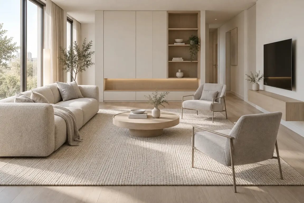Salon luxe de petit appartement avec mobilier aux proportions adaptées et rangements intégrés