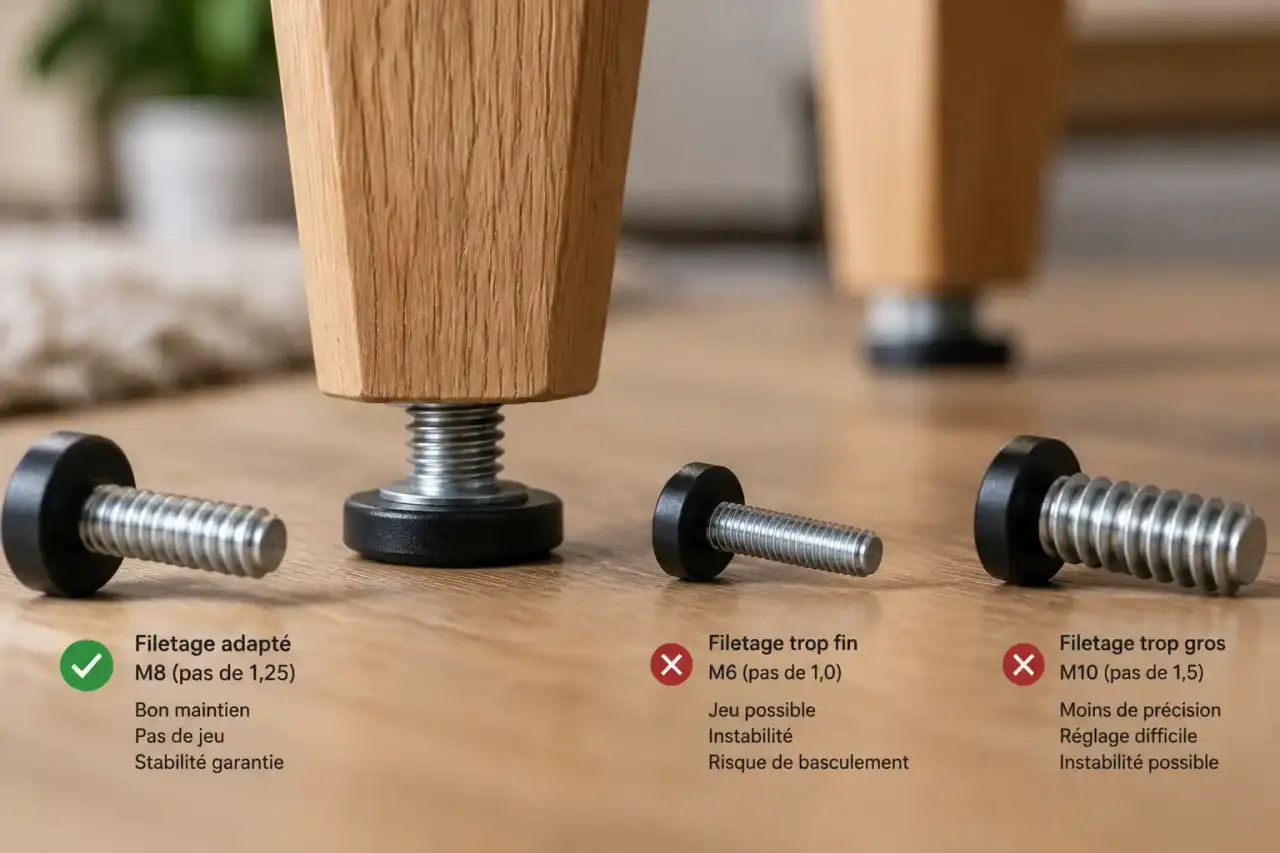 Pieds de meuble en bois : le bon filetage pour éviter l’instabilité