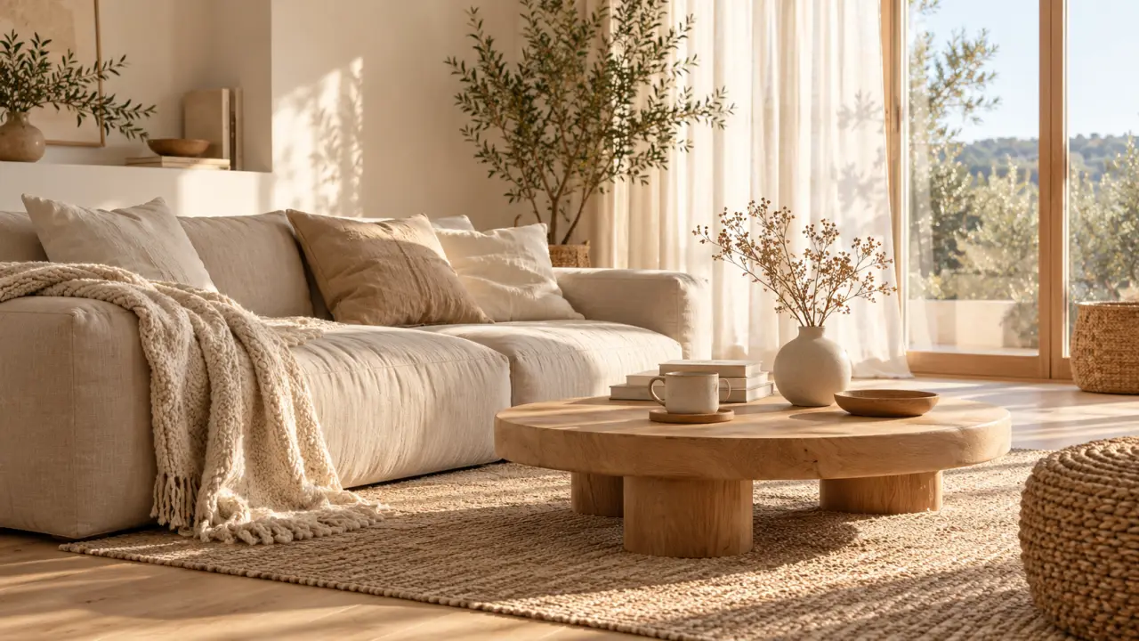 Salon chaleureux d'inspiration scandinave avec canapé en lin, mobilier en bois et lumière naturelle