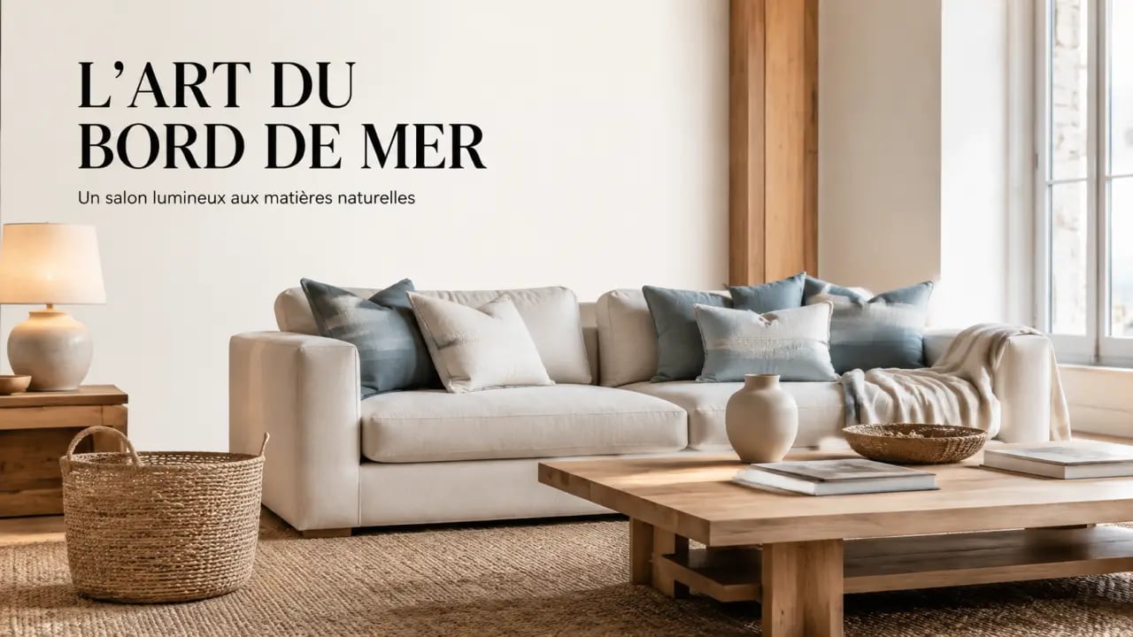 Salon lumineux avec décoration maison bord de mer, canapé écru, bois clair et tapis en jute