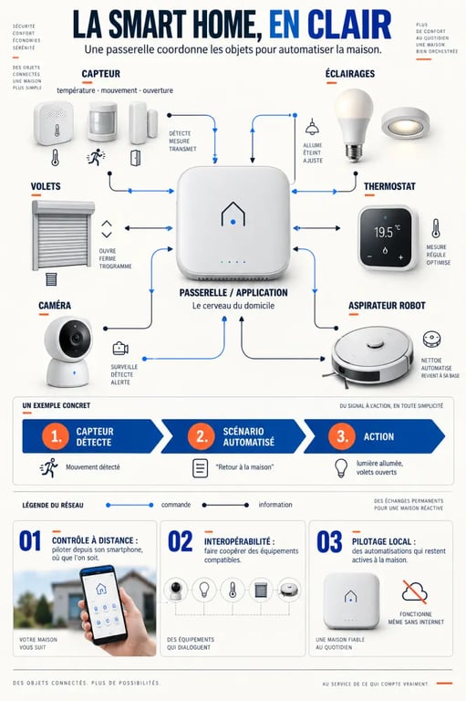 Infographie du fonctionnement d’une smart&home avec capteurs, passerelle et appareils connectés