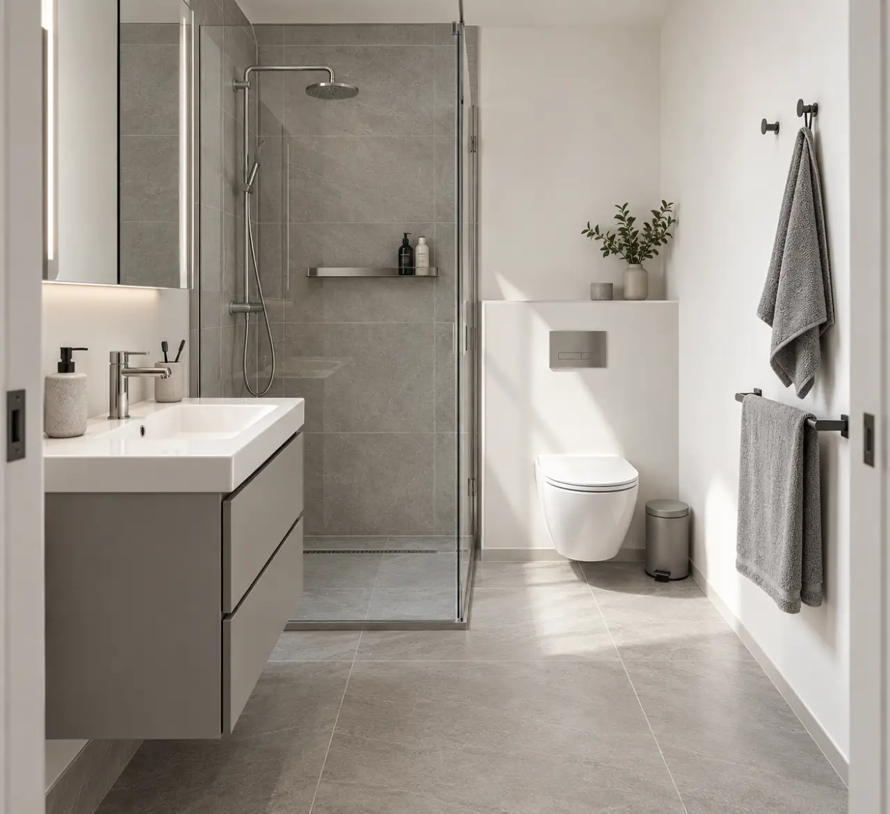 Accessoires de salle de bain organisés dans une petite pièce pour gagner de la place