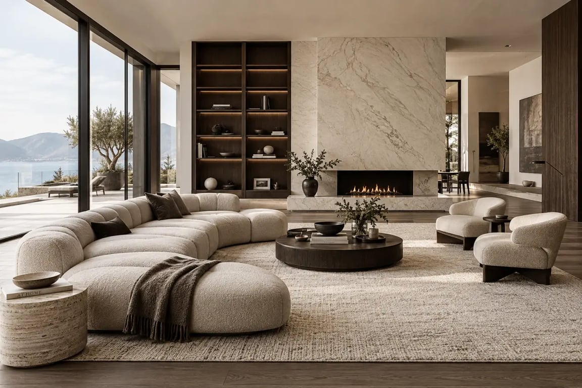Salon luxe contemporain avec canapé modulable, cheminée et baies vitrées
