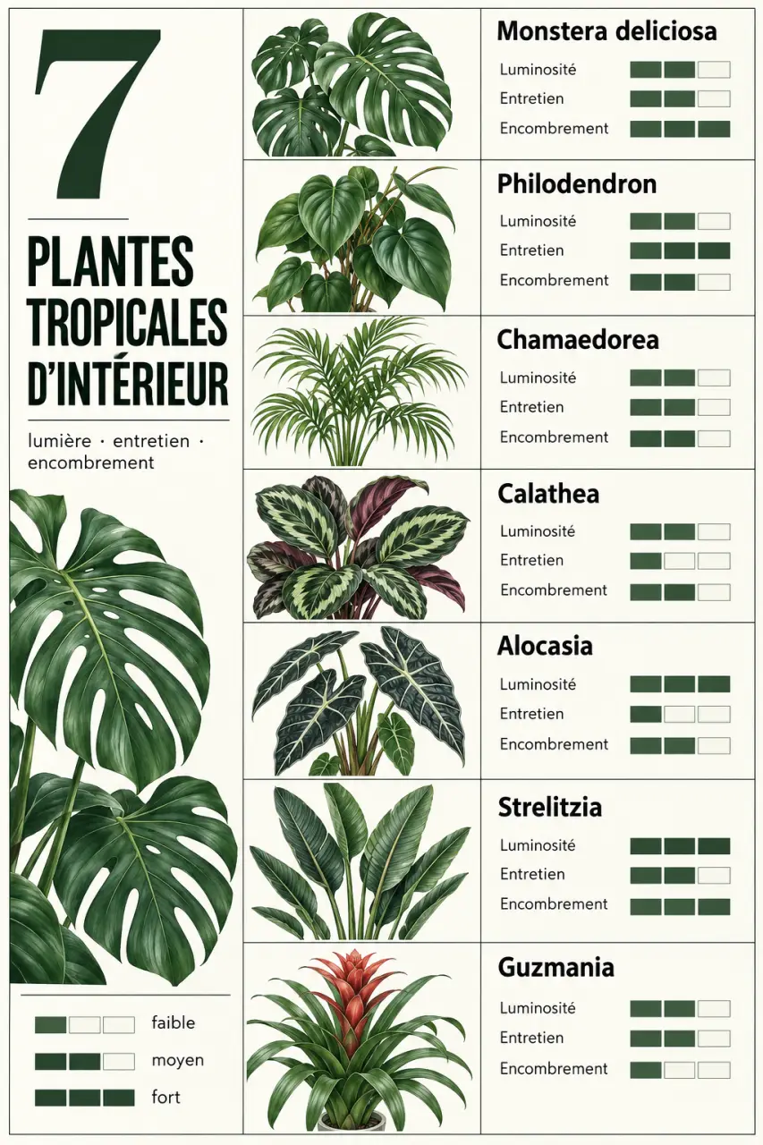 Infographie comparative de plantes intérieur tropicale selon la lumière et l’entretien
