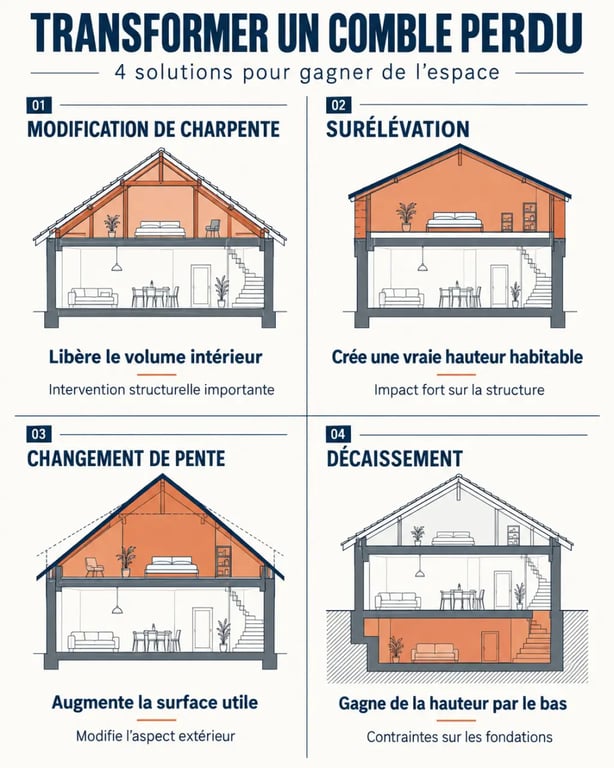 Infographie comparative d’un comble aménagé selon quatre solutions de transformation