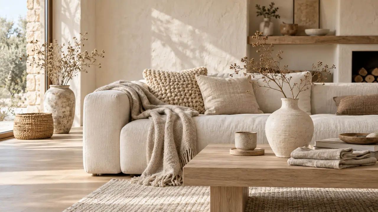 Salon chaleureux aux matières naturelles, avec canapé beige, plaids en maille et coussins en lin