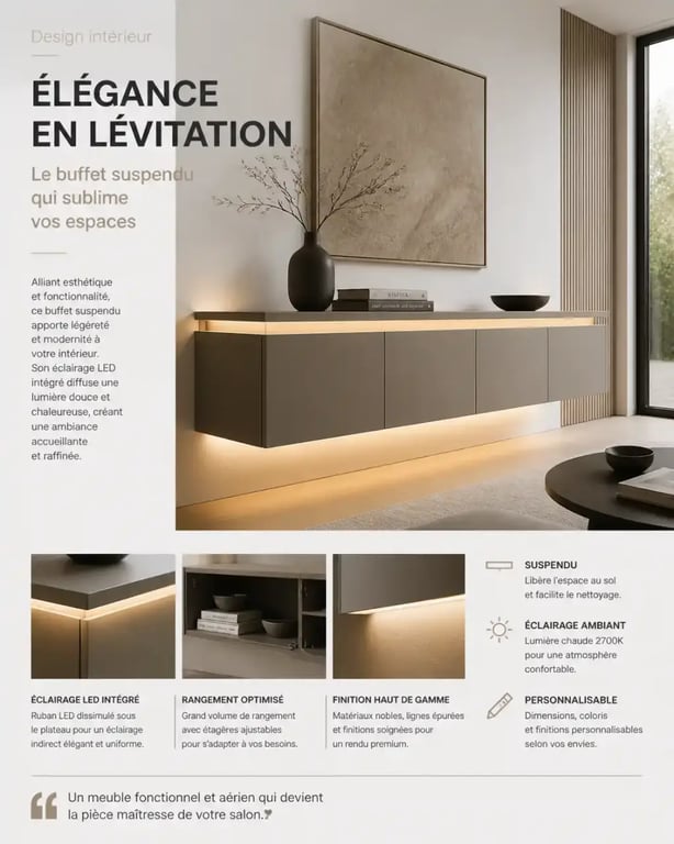 Buffet de salon suspendu avec éclairage LED pour une décoration moderne