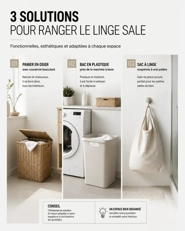 Panier, bac et sac de rangement linge sale comparés dans une salle de bain