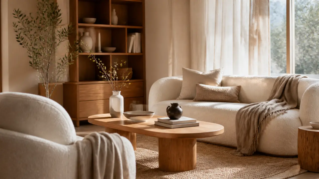 Salon lumineux 2026 avec bouclette, bois miel et lin lavé