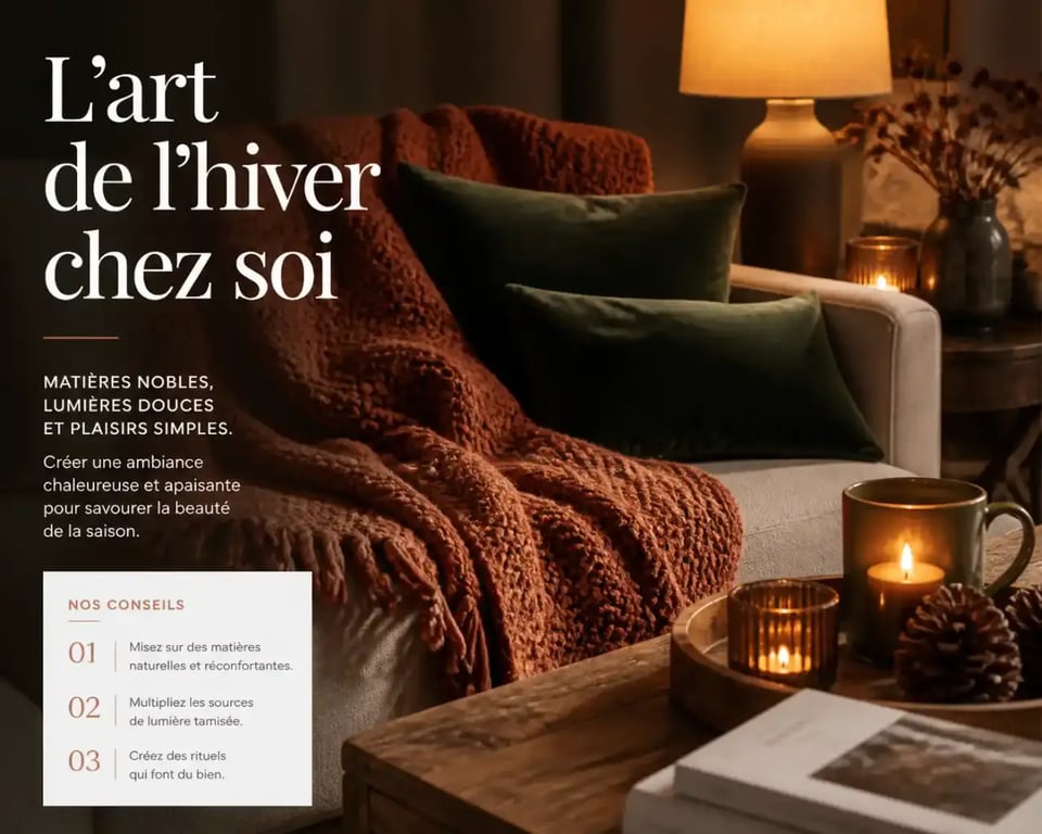 Décoration hiver maison cocooning avec plaid en laine et bougies dans un salon