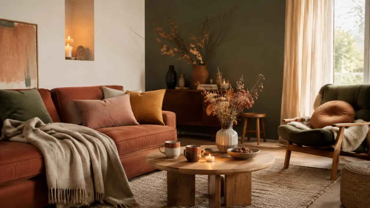 Salon cocooning lumineux avec plaids, coussins en lin et tasse de thé sur table en bois