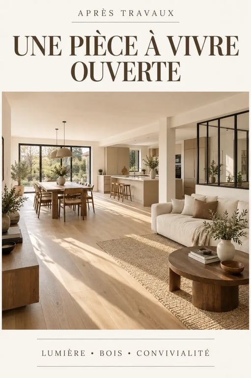 Maison chaleureuse avec travaux après décloisonnement, verrière et sol en bois