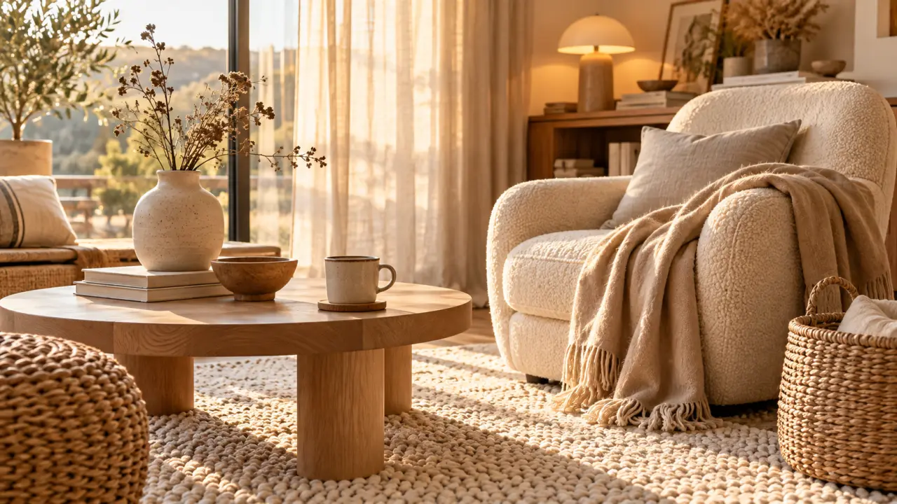 Salon chaleureux aux matières naturelles, avec canapé beige, plaids et coussins douillets