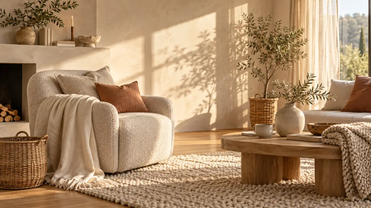 Salon chaleureux aux textures naturelles, avec canapé beige, plaids et coussins dans une lumière douce