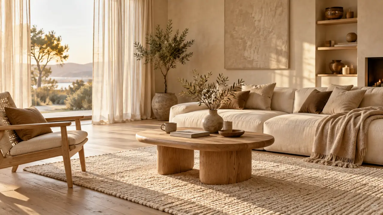 Salon chaleureux aux tons beige et terracotta, avec canapé moelleux, plaids et lumière douce